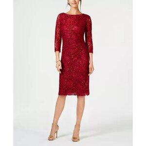 Jessica Howard Red Lace Sheath Knee Length Dress & Sequin Detail Red Size 16 NWT